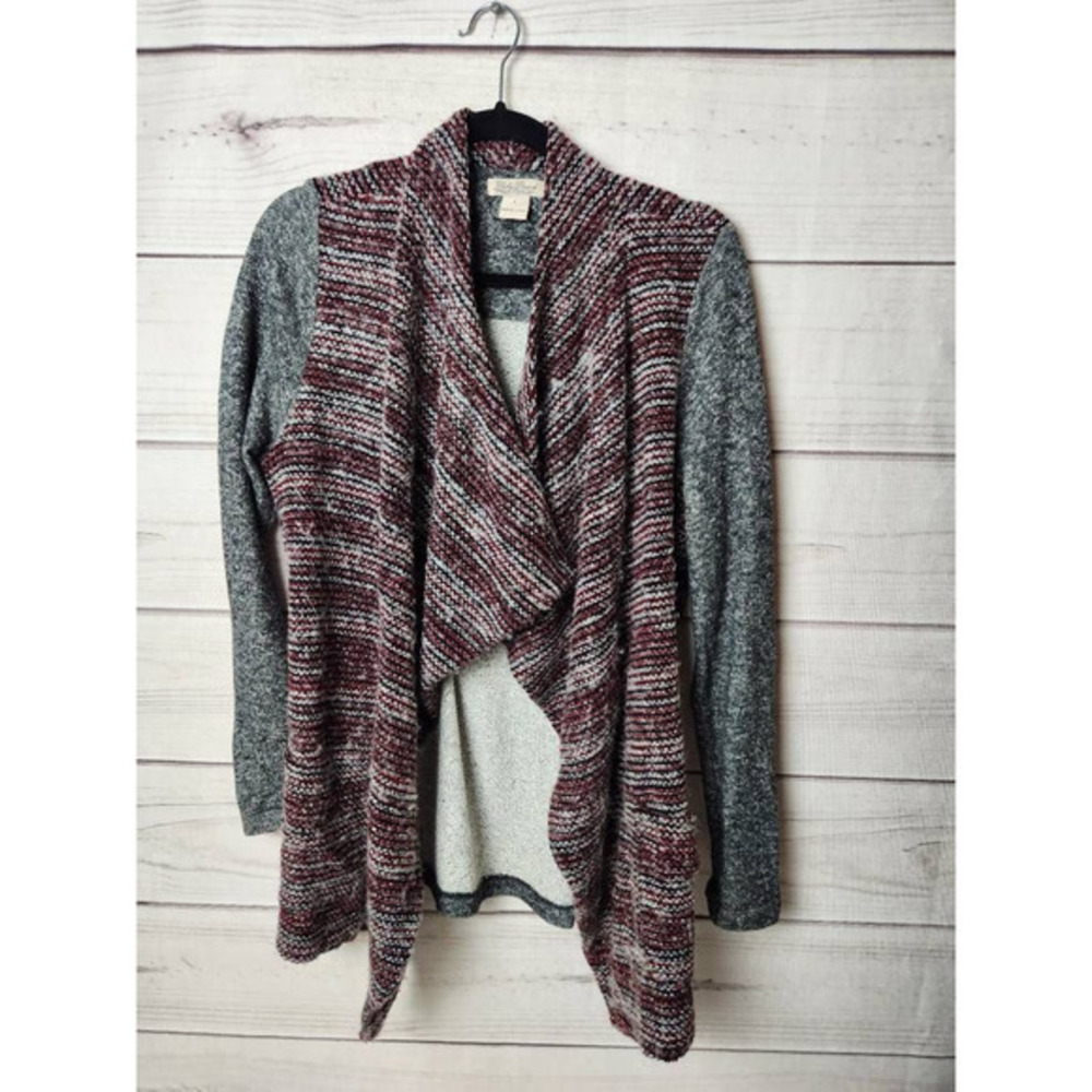 Lucky Brand Marled Gray and Burgundy Open Front Cardigan